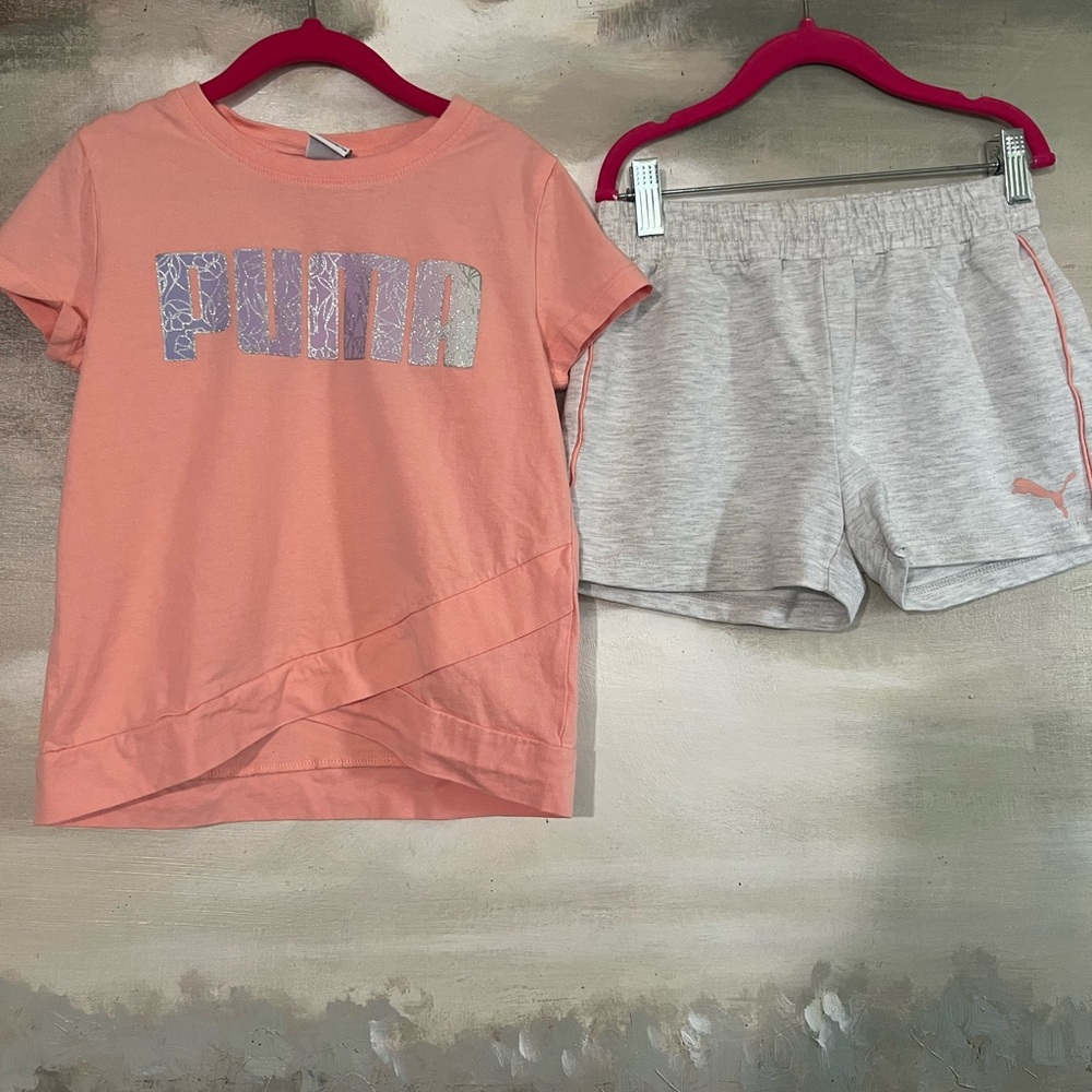 Puma Peach Logo Tee and Light Gray Shorts Kids Pajama Set